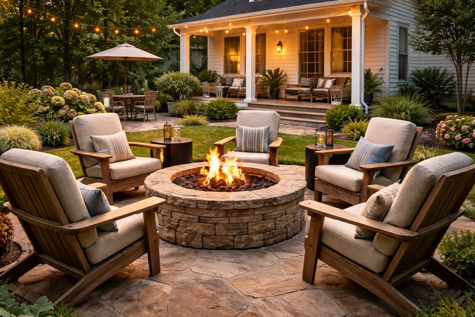An outdoor backyard patio with a stone fire pit surrounded by four cushioned wooden chairs, accented with pillows. String lights, lush plants, and trees are in the background, along with a house featuring a porch with wicker furniture and hanging lights.