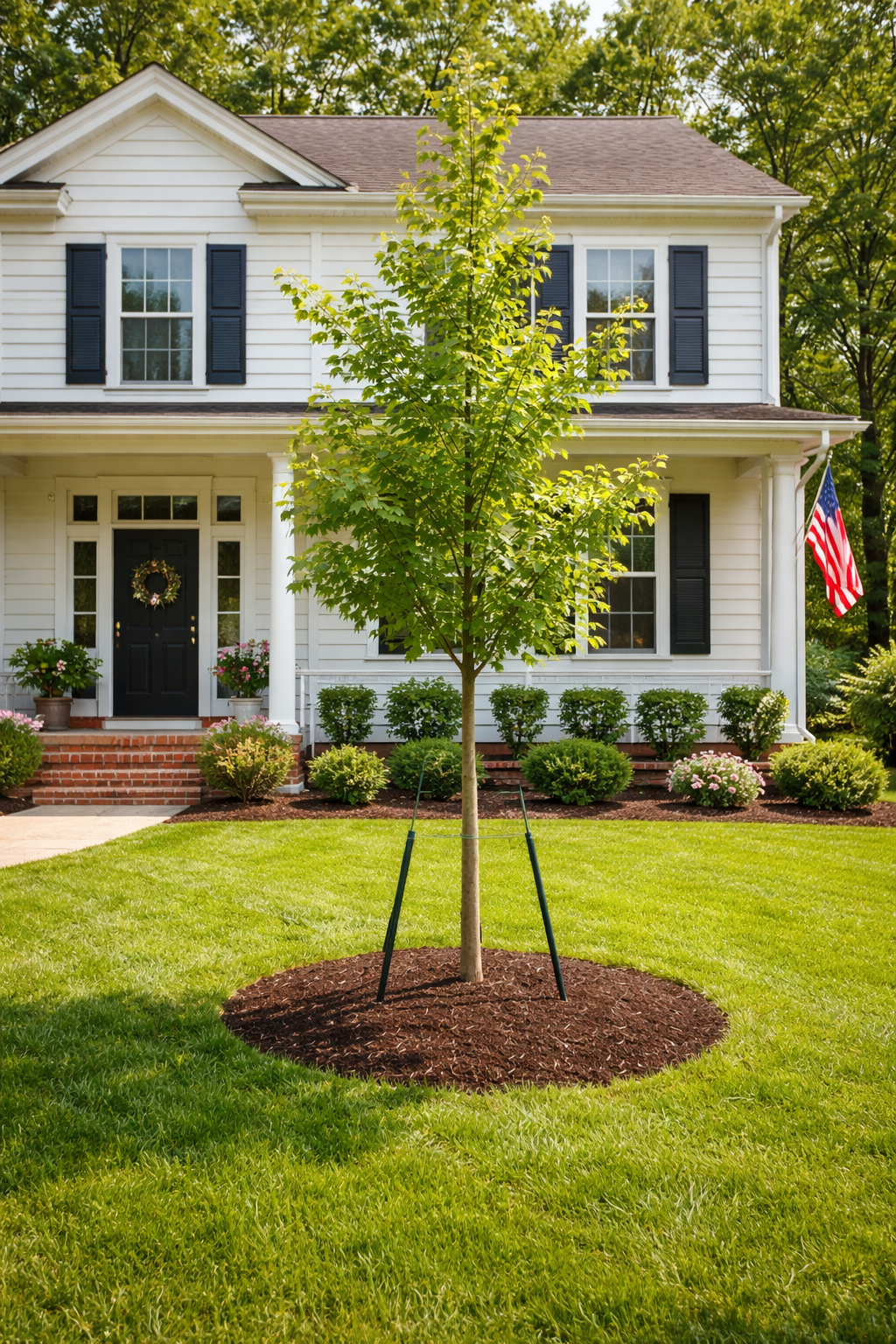 Front yard of a white two-story house with a black door, potted plants, and an American flag, featuring a newly planted tree in the center.