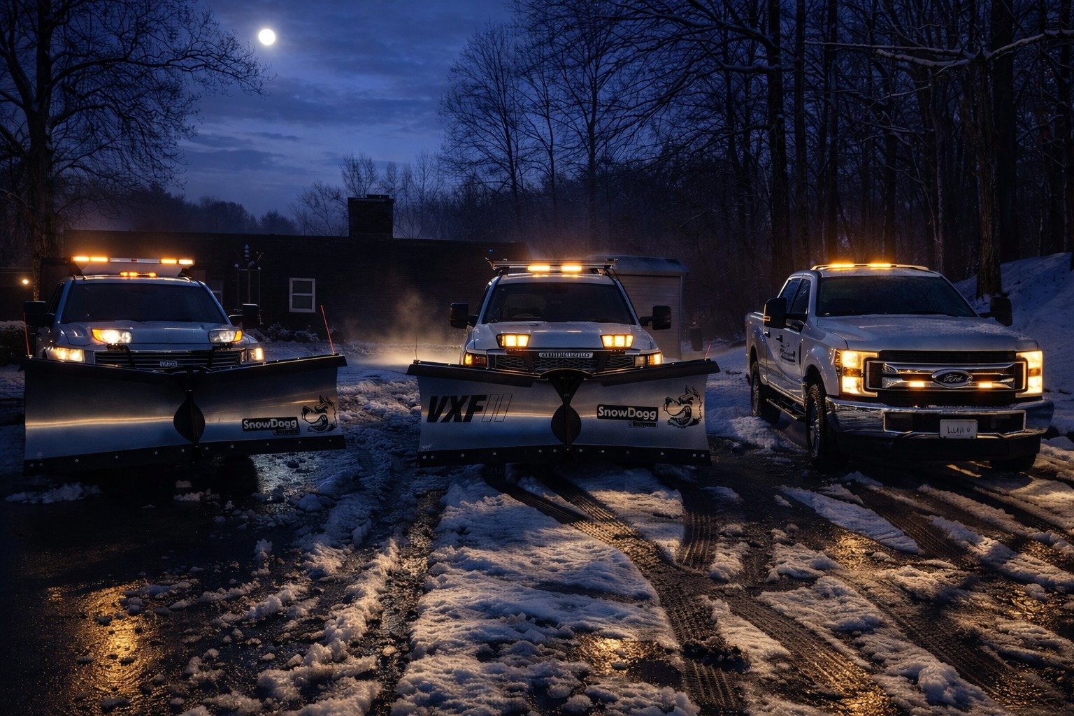 Three trucks equipped with snow plows parked on a snowy driveway at night, illuminated by their lights, with a full moon and a dark sky overhead.