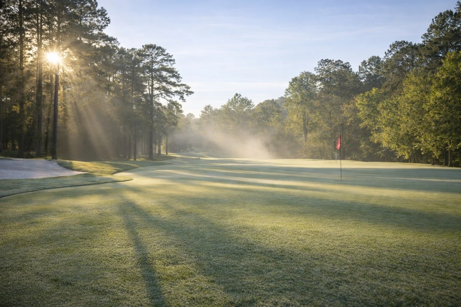 Early morning on a golf course with the sun shining through trees, mist over the green, and a flag marking the hole.