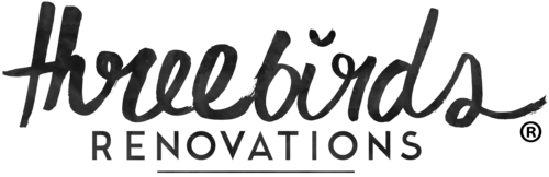 Three Birds Renovations logo in cursive text above the word 'Renovations' in uppercase.