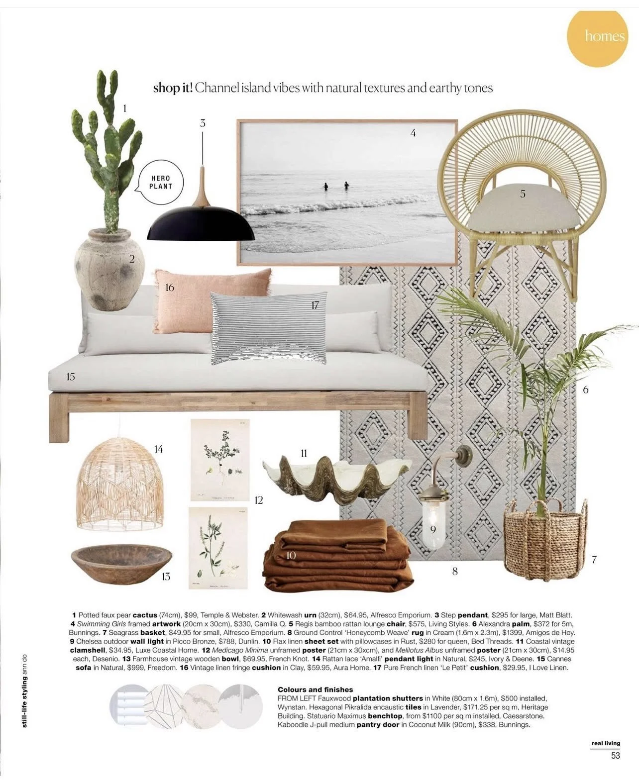 A collage of home decor and furniture items with a coastal and natural theme, including plants, artwork, pillows, a rug, lighting, and furniture.