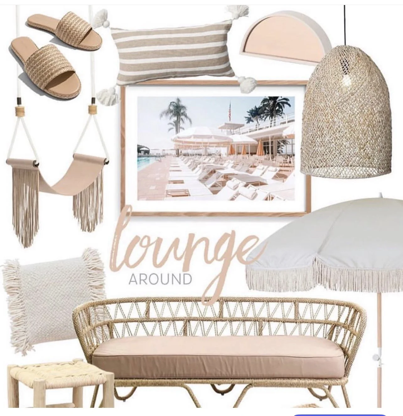 A collection of beige and natural-colored home decor items including a woven slippers, a fringe pillow, a hammock, a striped pillow with tassels, a framed beach photograph, a rattan pendant lamp, a sunhat, a large white parasol with fringe, and a rat