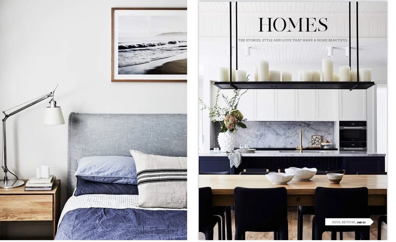 Side-by-side images of a bedroom and a kitchen. The bedroom features a grey headboard, a blue and white bedding, a nightstand with books and a lamp, and a framed beach photograph on the wall. The kitchen showcases a dining table with bowls, a vase wi