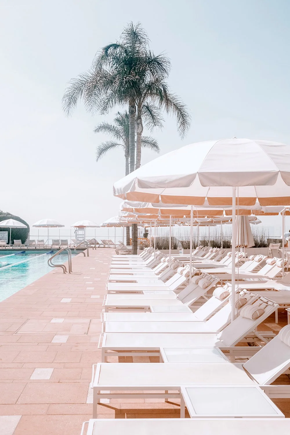 Poolside scene with white lounge chairs and large pool umbrellas, palm trees in the background, and a swimming pool to the left under an overcast sky.