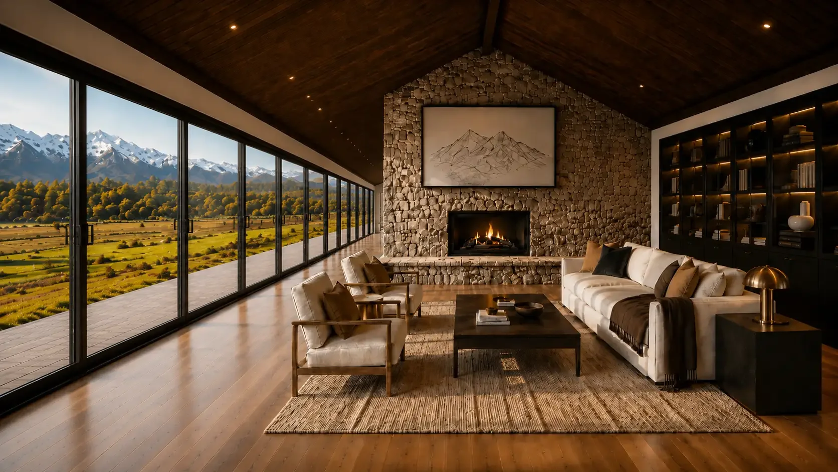 The family room and glazed gallery at Lot 9, Tui Estate, framing sweeping Southern Alps and high-country views along its full length — expansive living in Canterbury, New Zealand.