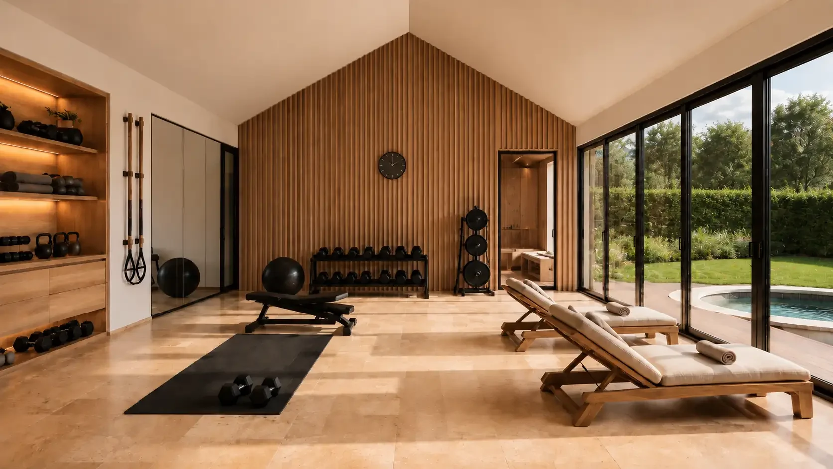 Dedicated wellness precinct at Lot 9, Tui Estate: a home gym opening onto a private plunge pool, part of the estate's dedicated wellness and gym/den offering.