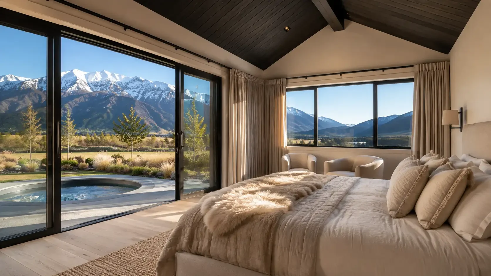 Master suite at Lot 9, Tui Estate, opening onto a private outdoor spa with panoramic Southern Alps views — refined rural retreat living in Canterbury, New Zealand.