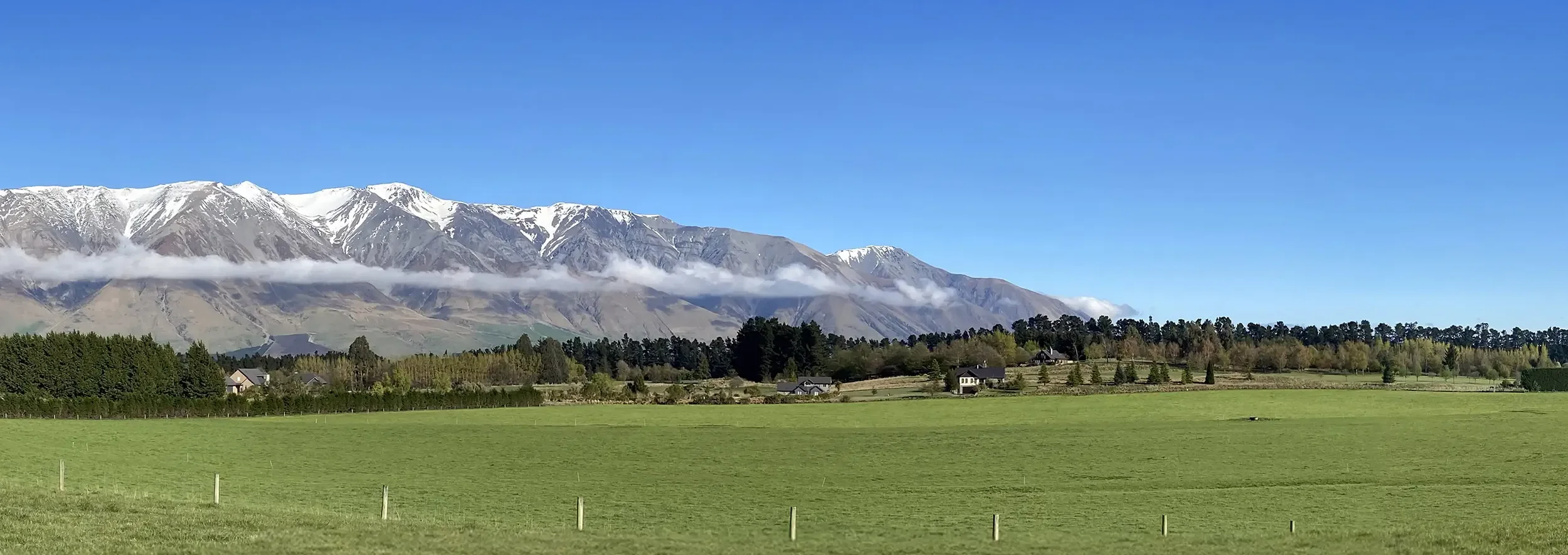 Panoramic view from Lot 9 at Tui Estate, Canterbury, taken from the foothills of the Southern Alps, featuring snowy alpine peaks and rolling rural landscapes.