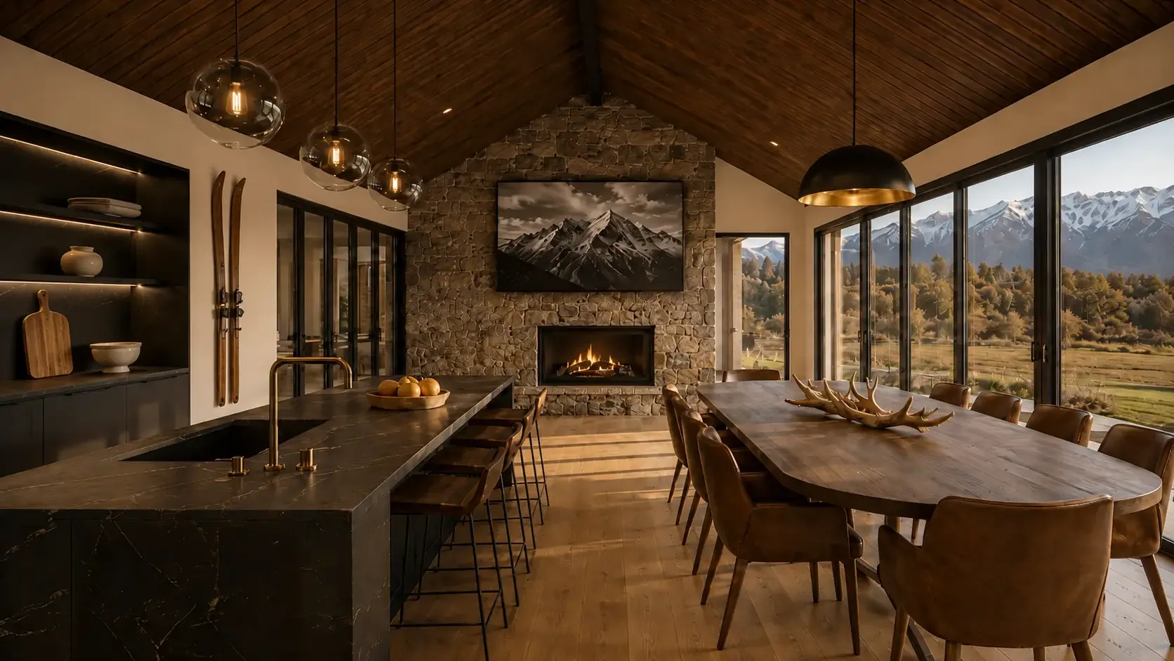 The kitchen and dining area at Lot 9, Tui Estate, with a stone fireplace and panoramic Southern Alps views — the heart of this David Reid Homes rural retreat.