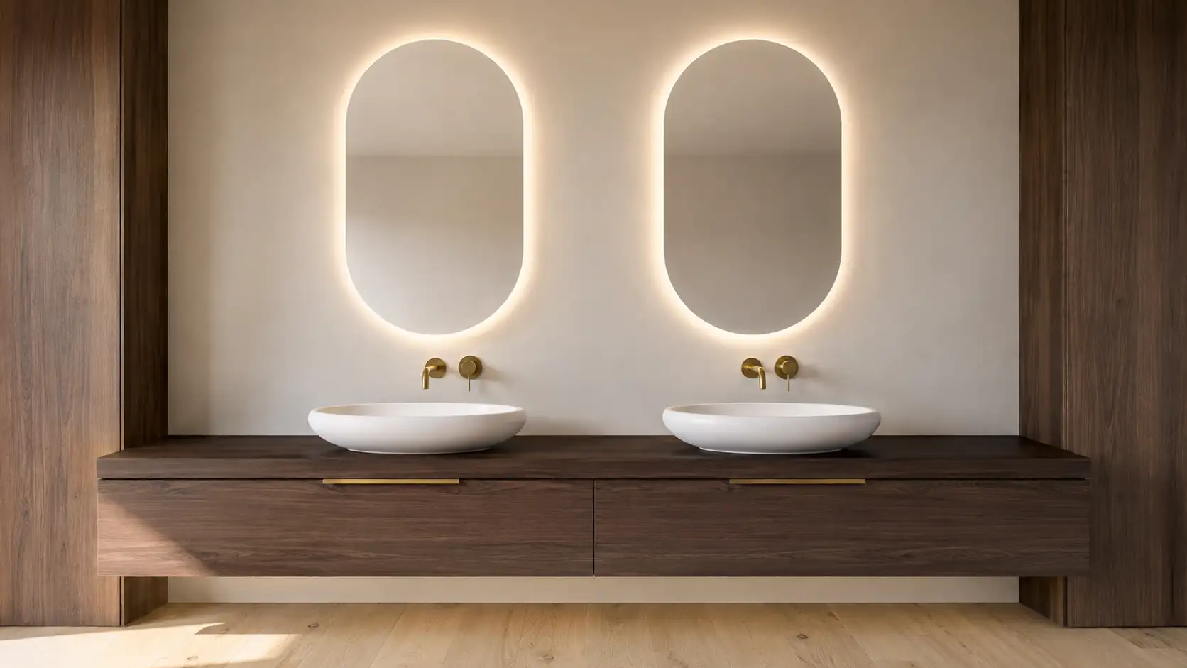 Ensuite bathroom at Lot 9, Tui Estate, featuring a double vanity with brushed brass fittings and backlit mirrors — luxury finishes throughout this Canterbury lifestyle residence.