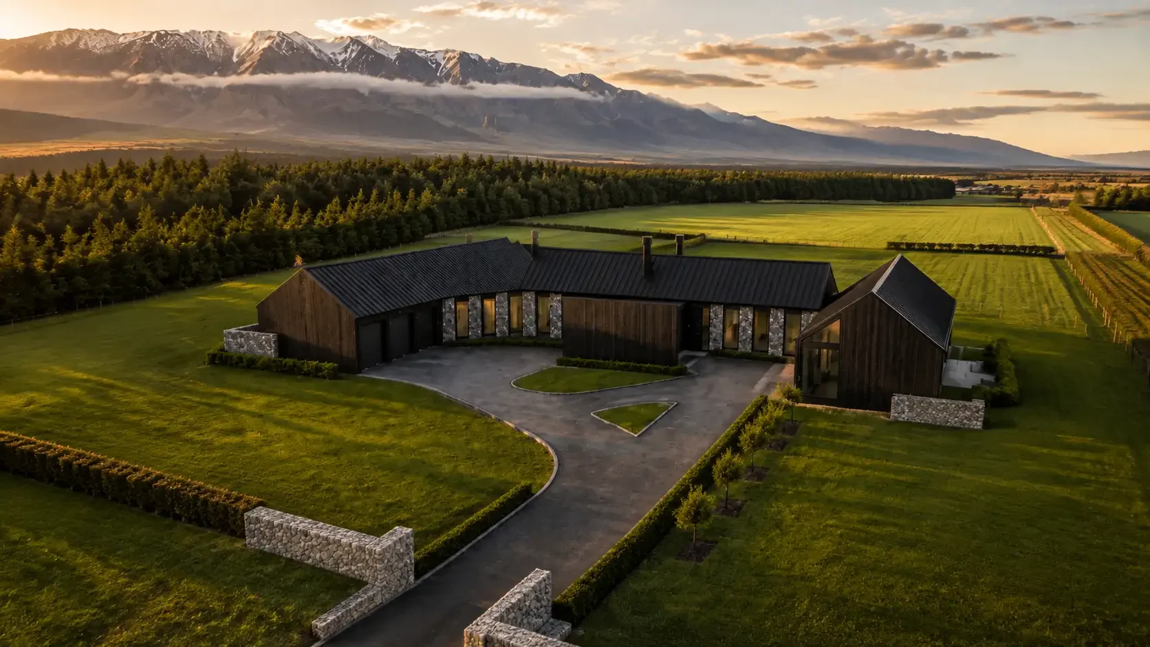 Aerial view of Lot 9, Tui Estate: a luxury high-country residence set on 1 hectare of freehold land in the Rakaia Gorge, Canterbury, with uninterrupted Southern Alps mountain views.