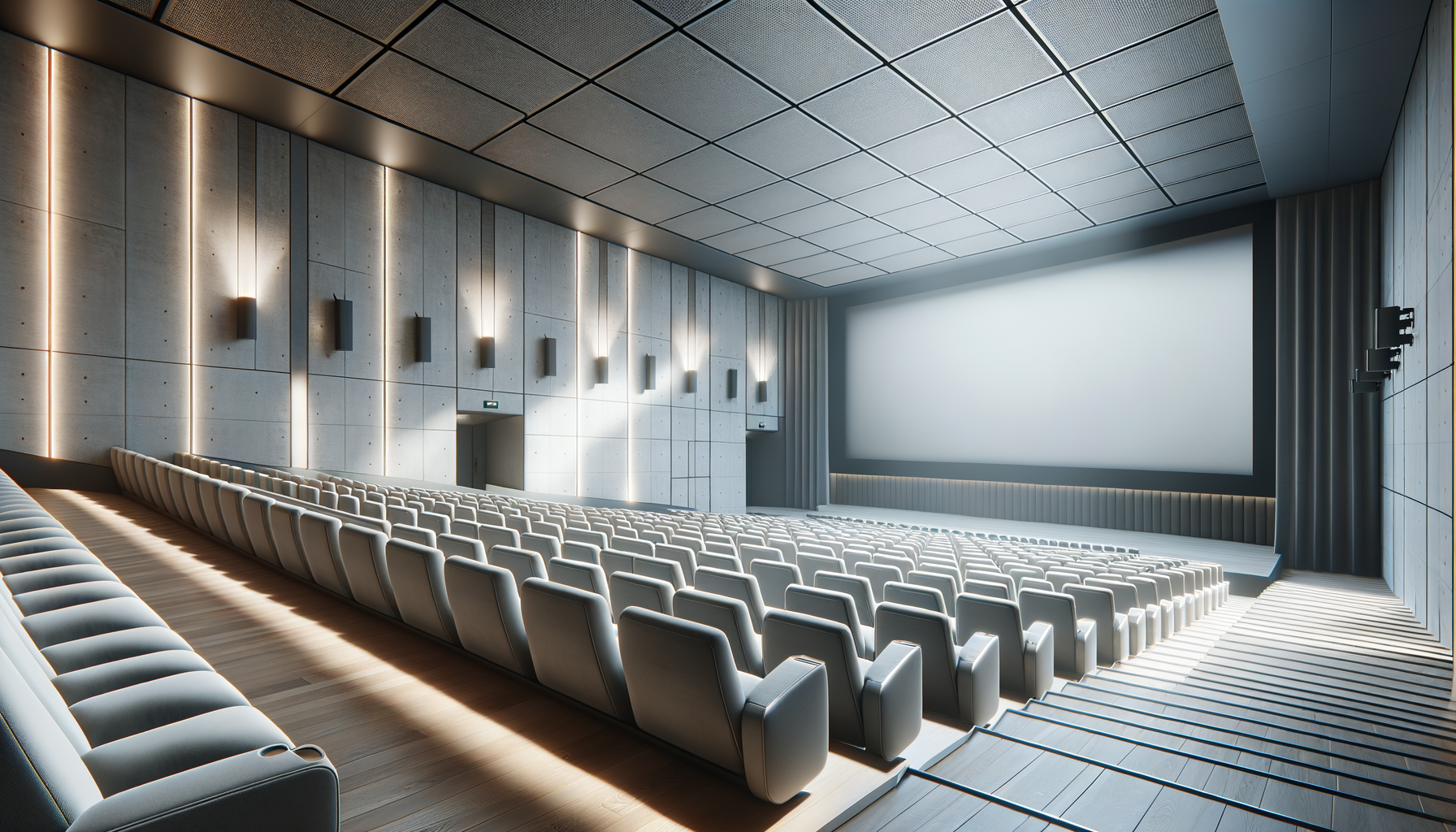 Empty modern theater with rows of white seats facing a large blank screen, illuminated by soft lighting on gray walls and ceiling.