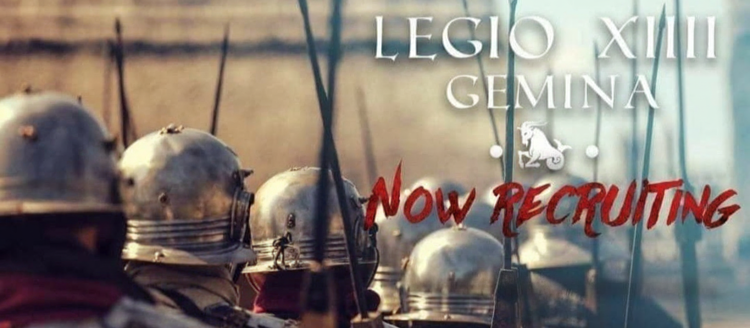 Image of Italian military helmets with overlaid text: 'LEGIO XIII GEMINA NOW RECRUITING.'