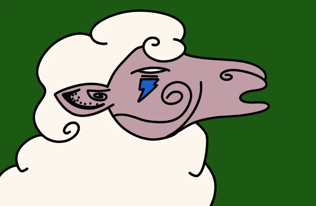 A cartoon sheep with a lightning bolt tear in one eye and a sad, angry expression, set against a green background.