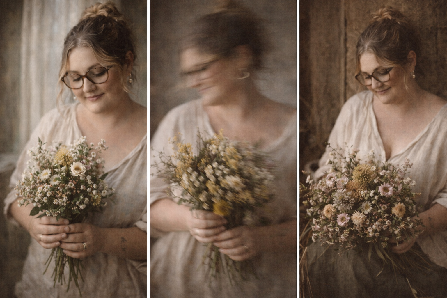 Triptych of a woman with glasses holding a bouquet of mixed flowers in different poses, wearing a beige, textured dress, against a rustic wooden background.