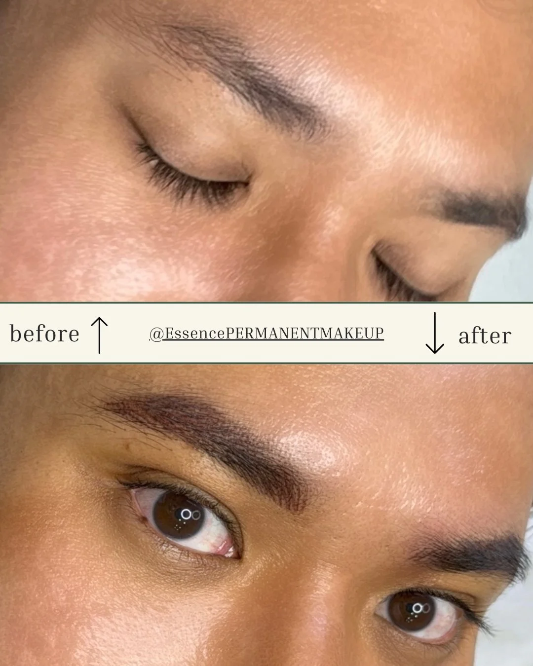 Before and after powder brows permanent makeup showing fuller, defined brows with natural shading.