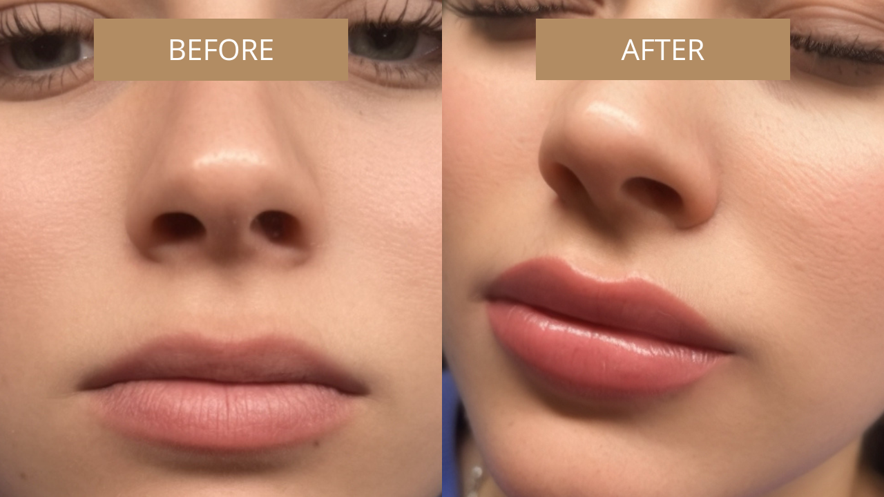 Lip blush permanent makeup before and after showing subtle color enhancement and improved lip tone in Lynchburg, Virginia.