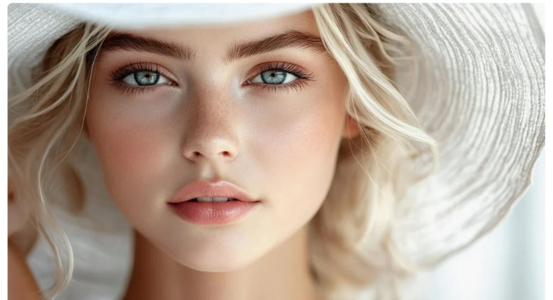 Close-up of a young woman with blonde hair wearing a wide-brimmed straw hat.