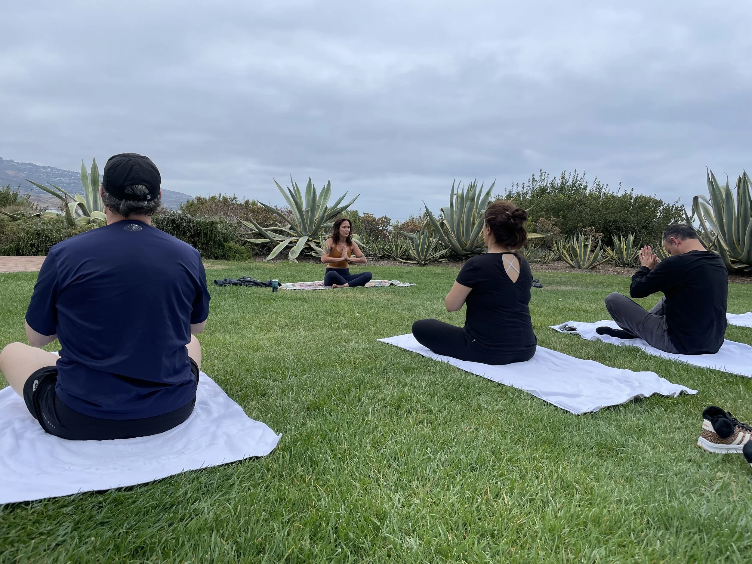 A group of four people participating in an outdoor yoga class on a grassy field, with Corrie leading the class in a seated meditation pose, and agave plants and cloudy sky in the background.