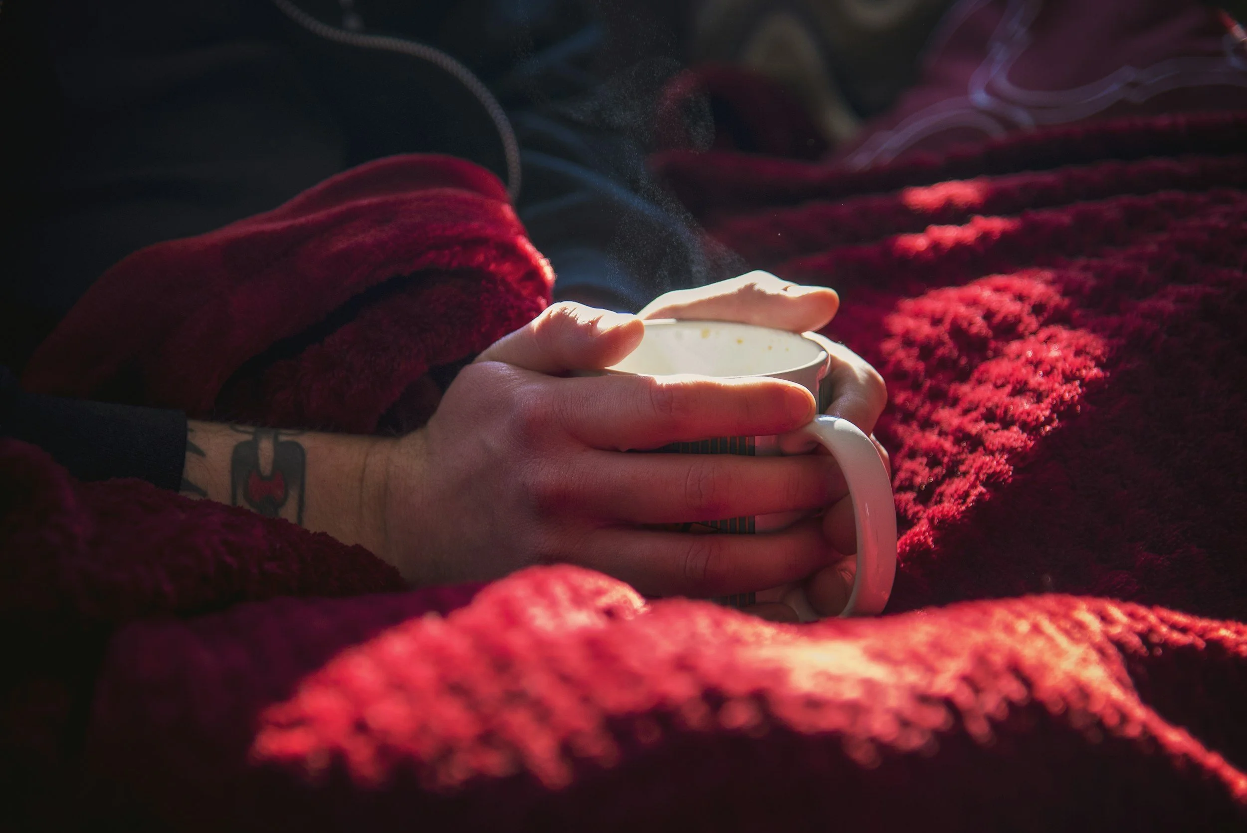 Photo of hands holding a mug with a red blanket.