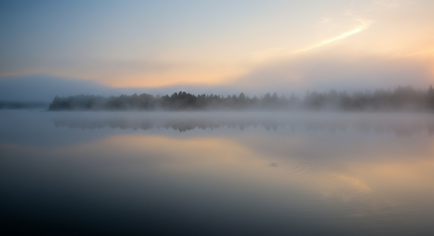 Photo of a foggy lake at sunset.