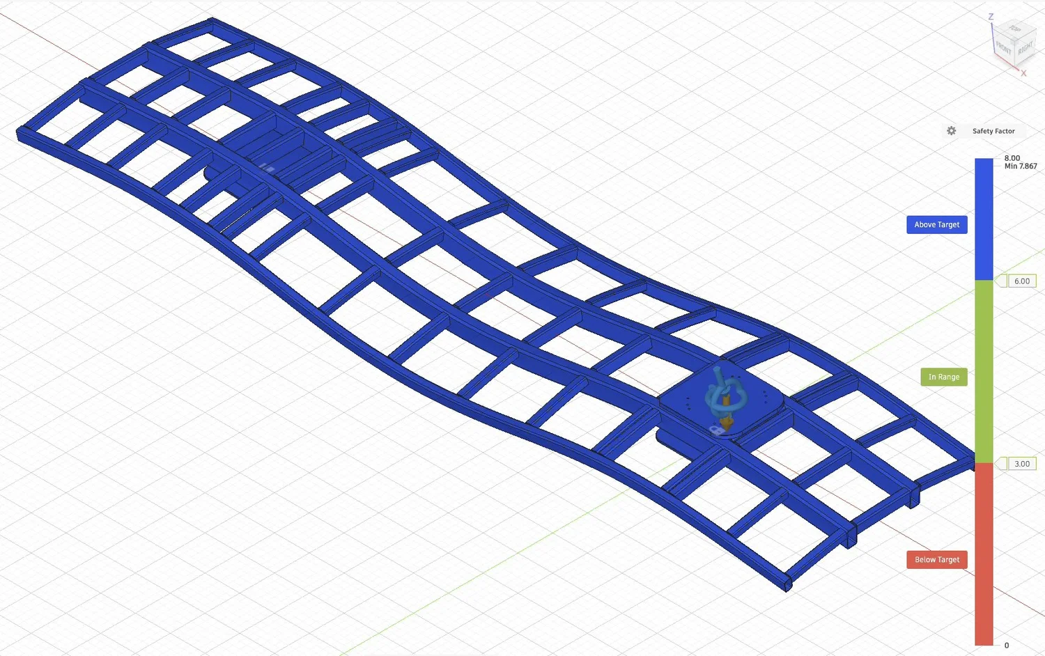 Fusion 360 safety factor result plot of the platform frame under load case 1