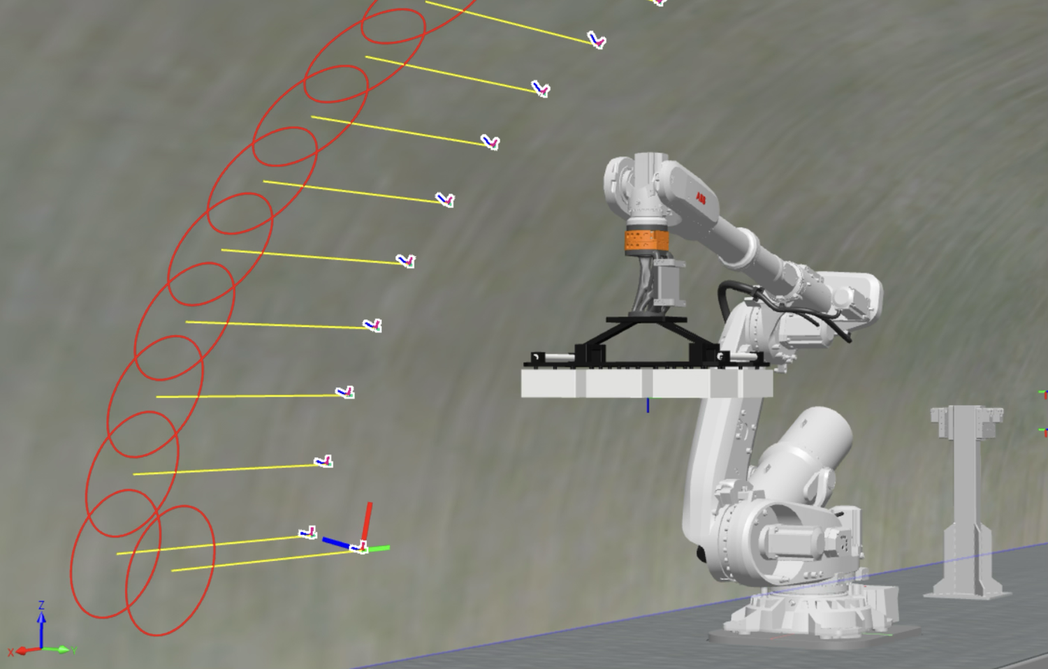 RobotStudio simulation showing a repeated Subway Sentinel inspection path along a tunnel wall
