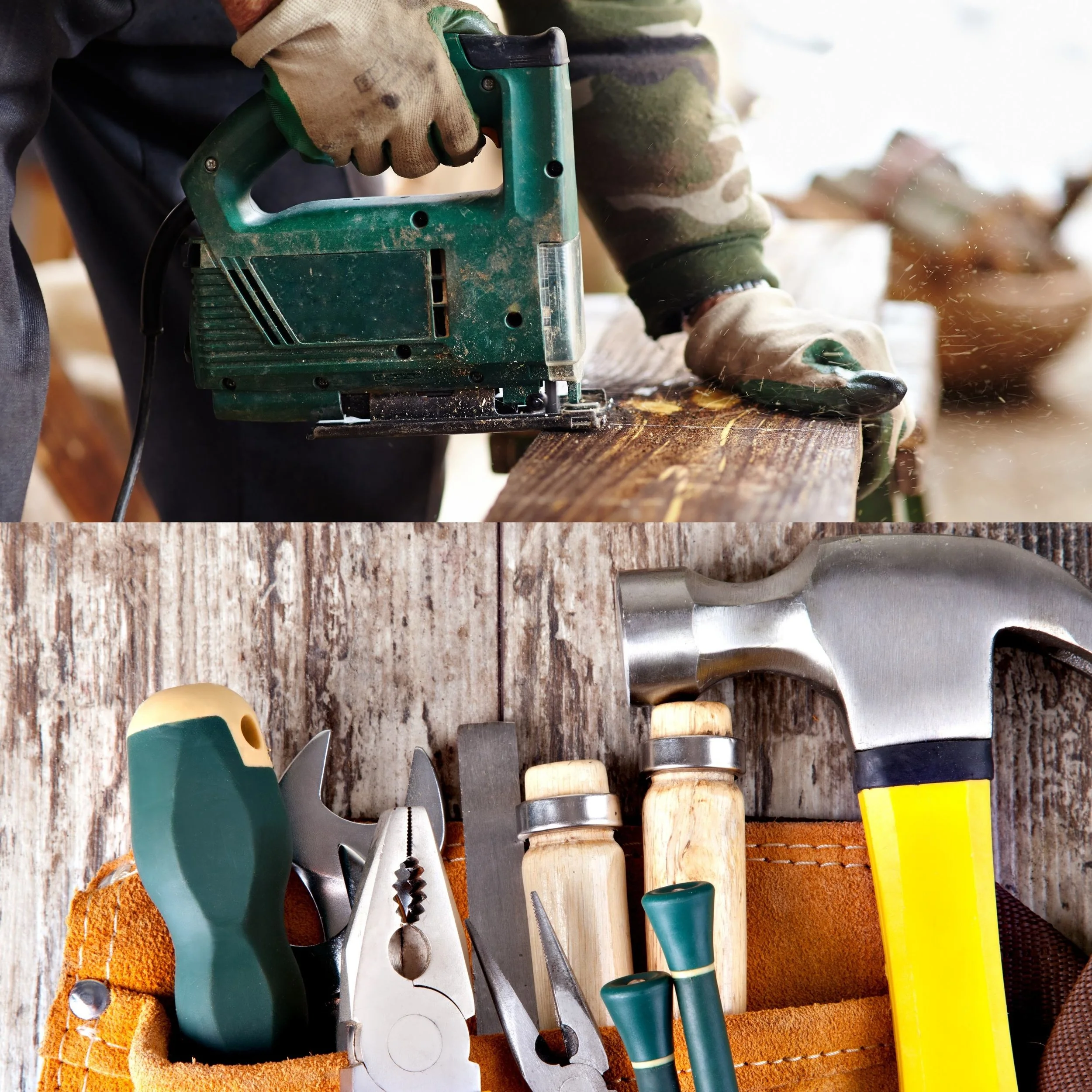 Person using a power saw to cut wood, with various hand tools including a hammer, pliers, screwdrivers, and other tools laid out on a wooden surface.