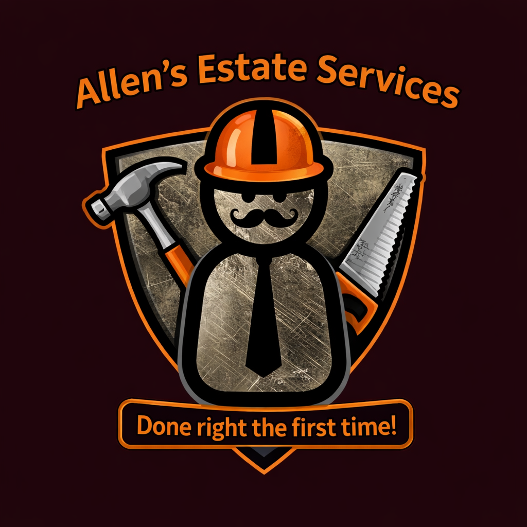 Logo for Allen's Estate Services featuring a cartoon figure wearing a hard hat, sunglasses, beard, business tie, holding a hammer and saw, with slogan 'Done right the first time!'