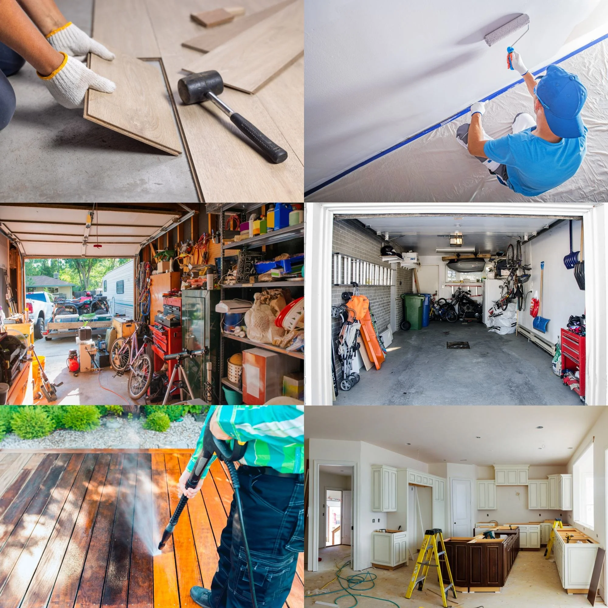 Drywall patchwork, Drywall repair work, flooring installation, Messy garage cleanout, Kitchen renovation, Power washing driveway, Chicago