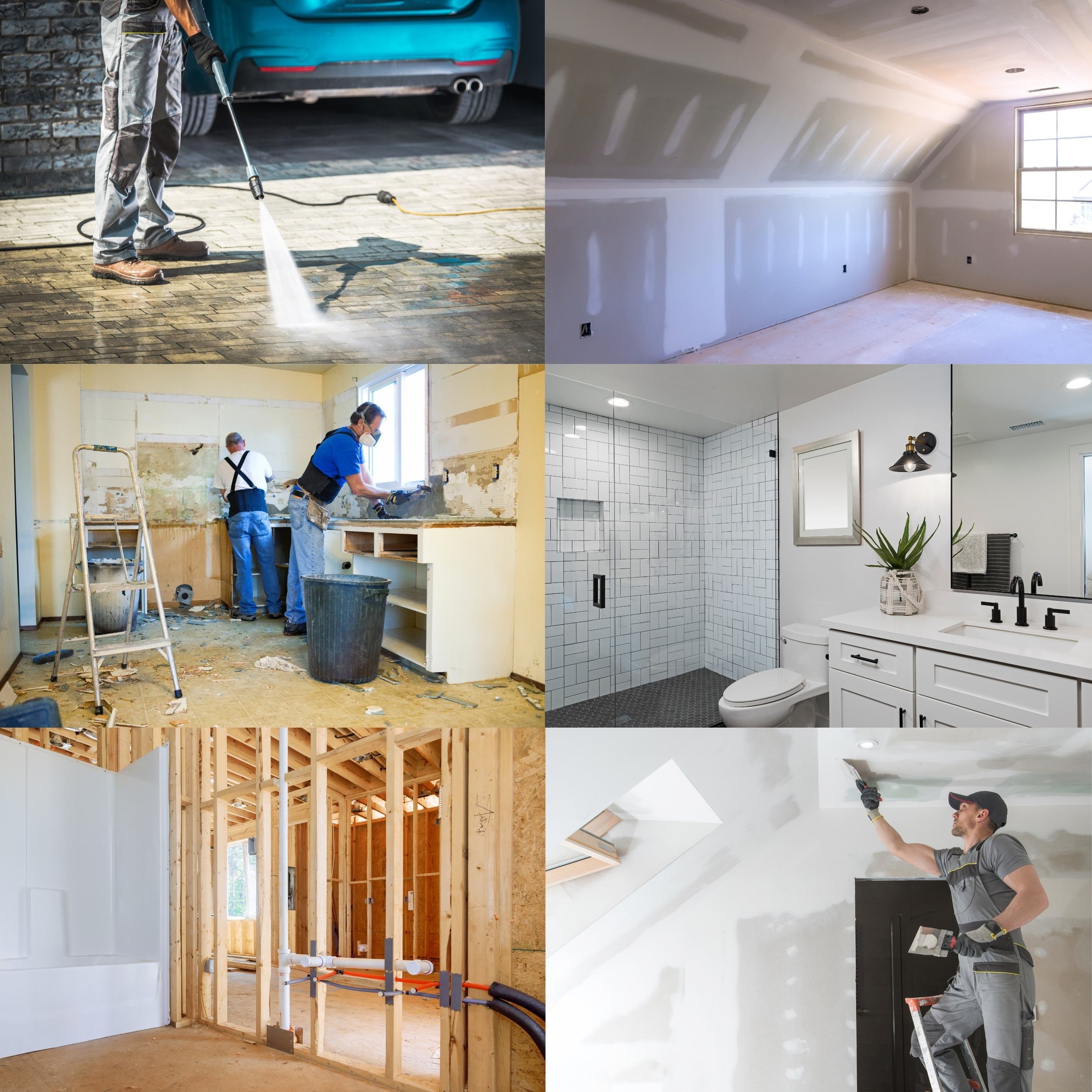 Interior renovation collage with images of workers painting, drywall finishing, tiling, framing, and electrical work in homes.