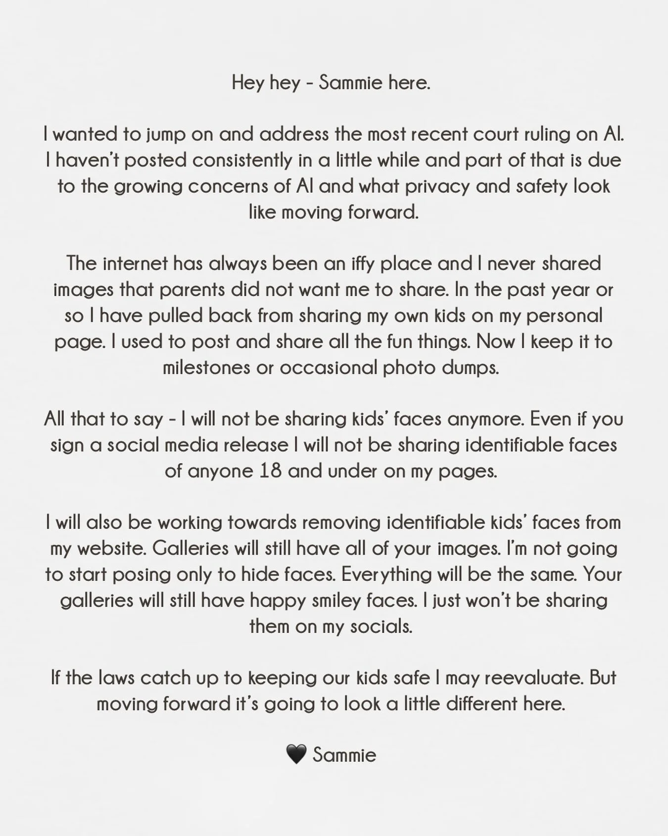 Hey hey - Sammie here. 

I wanted to jump on and address the most recent court ruling on AI. I haven&rsquo;t posted consistently in a little while and part of that is due to the growing concerns of AI and what privacy and safety look like moving forw