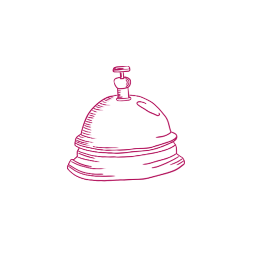Line drawing of a service bell in pink with a black background.