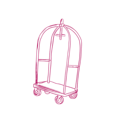Pink illustrated hotel luggage cart with four wheels on a black background.