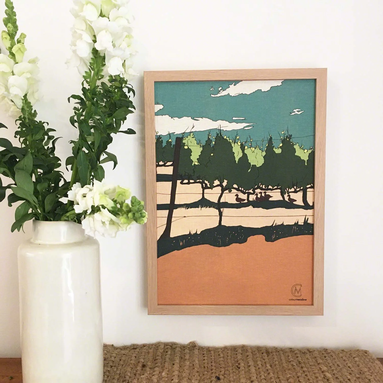 colourmeadow Red hill vineyard ducks terracotta linen print styled.jpg