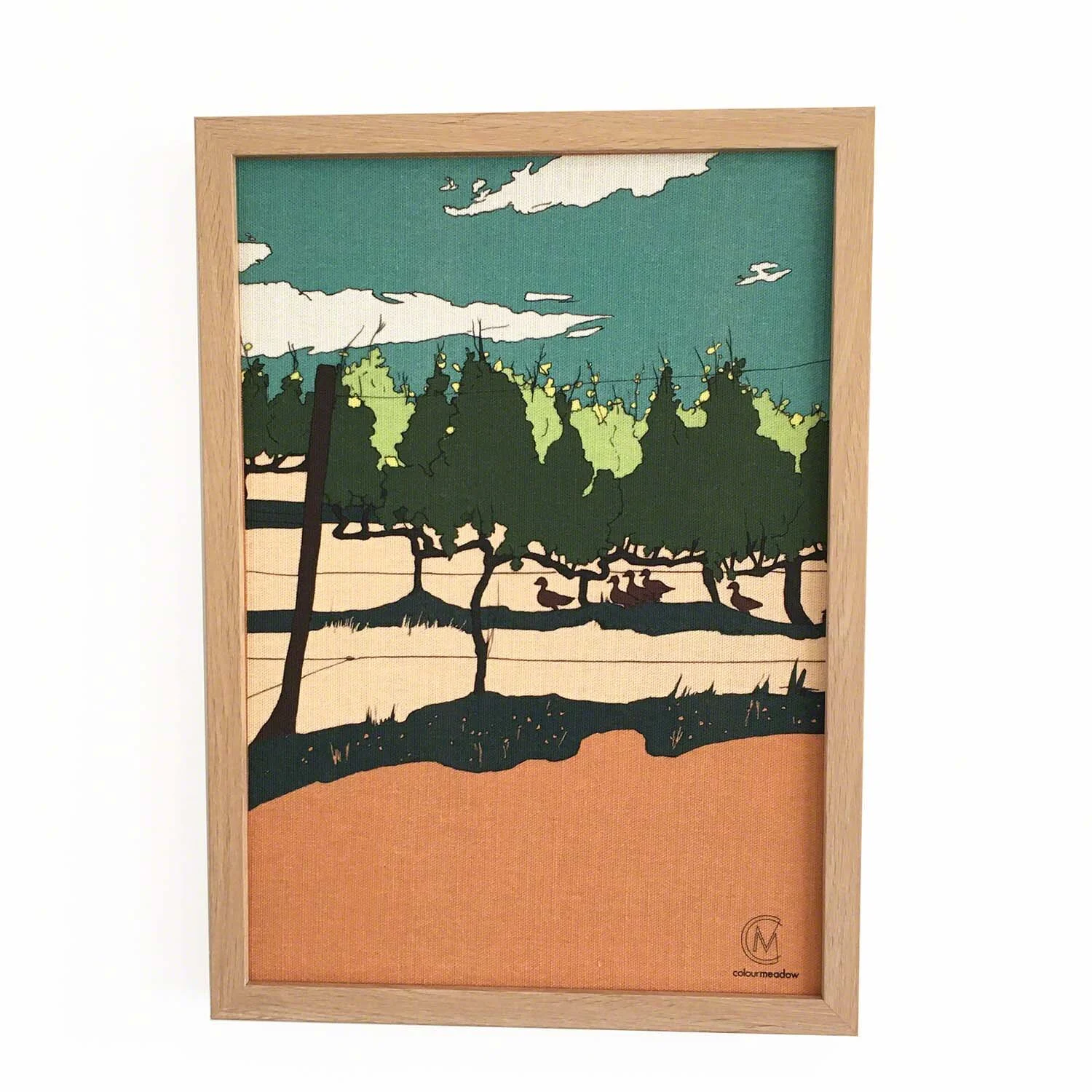 colourmeadow Red hill vineyard ducks terracotta linen print.jpg