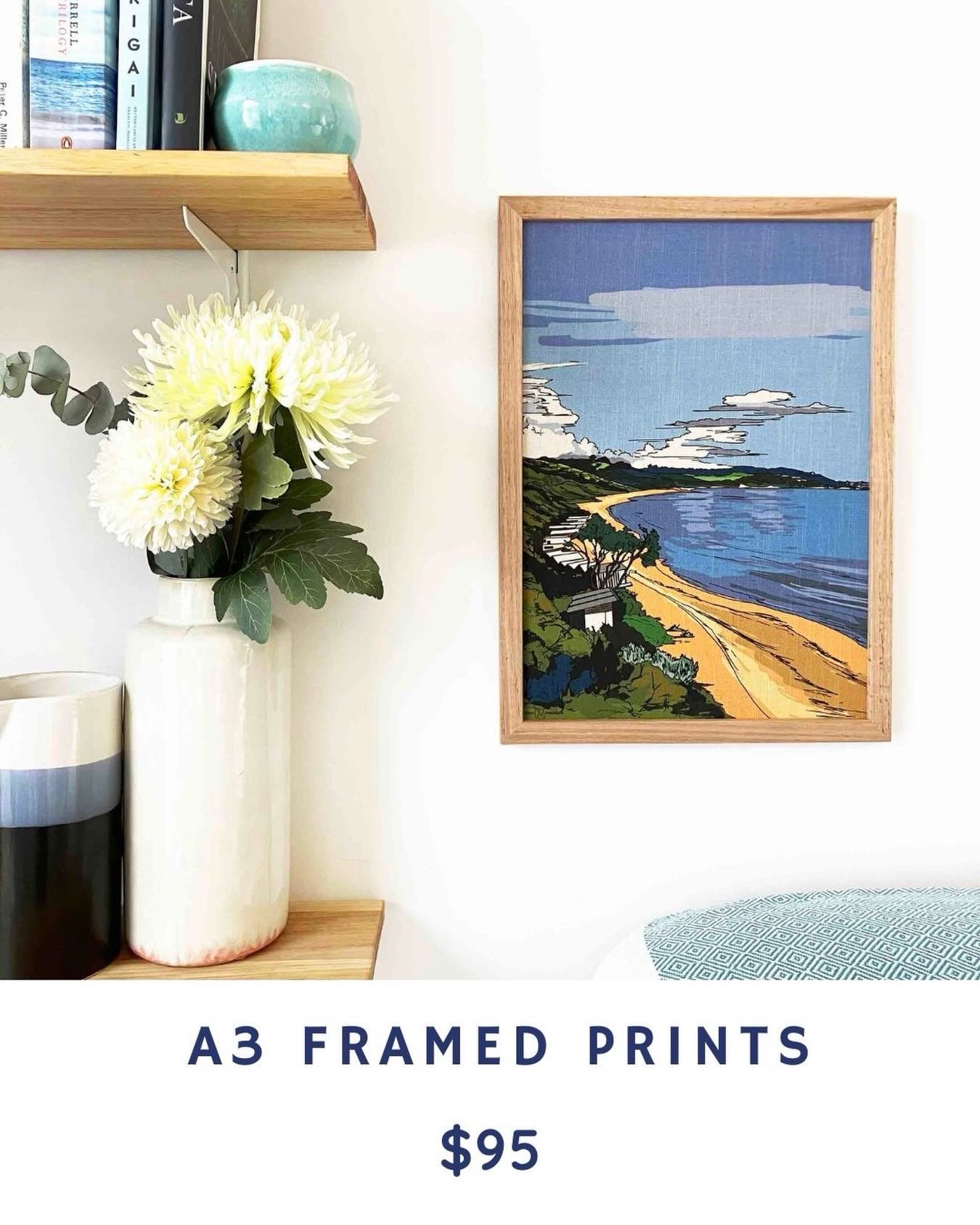 My A3 framed Linen Prints of the Mornington Peninsula are a perfect local gift for Christmas.  Mid century style on Linen, framed in Tasmanian Oak frames. Available @artisans_alley_mornington and @mcclelland_designstore #colourmeadow #morningtonpenin