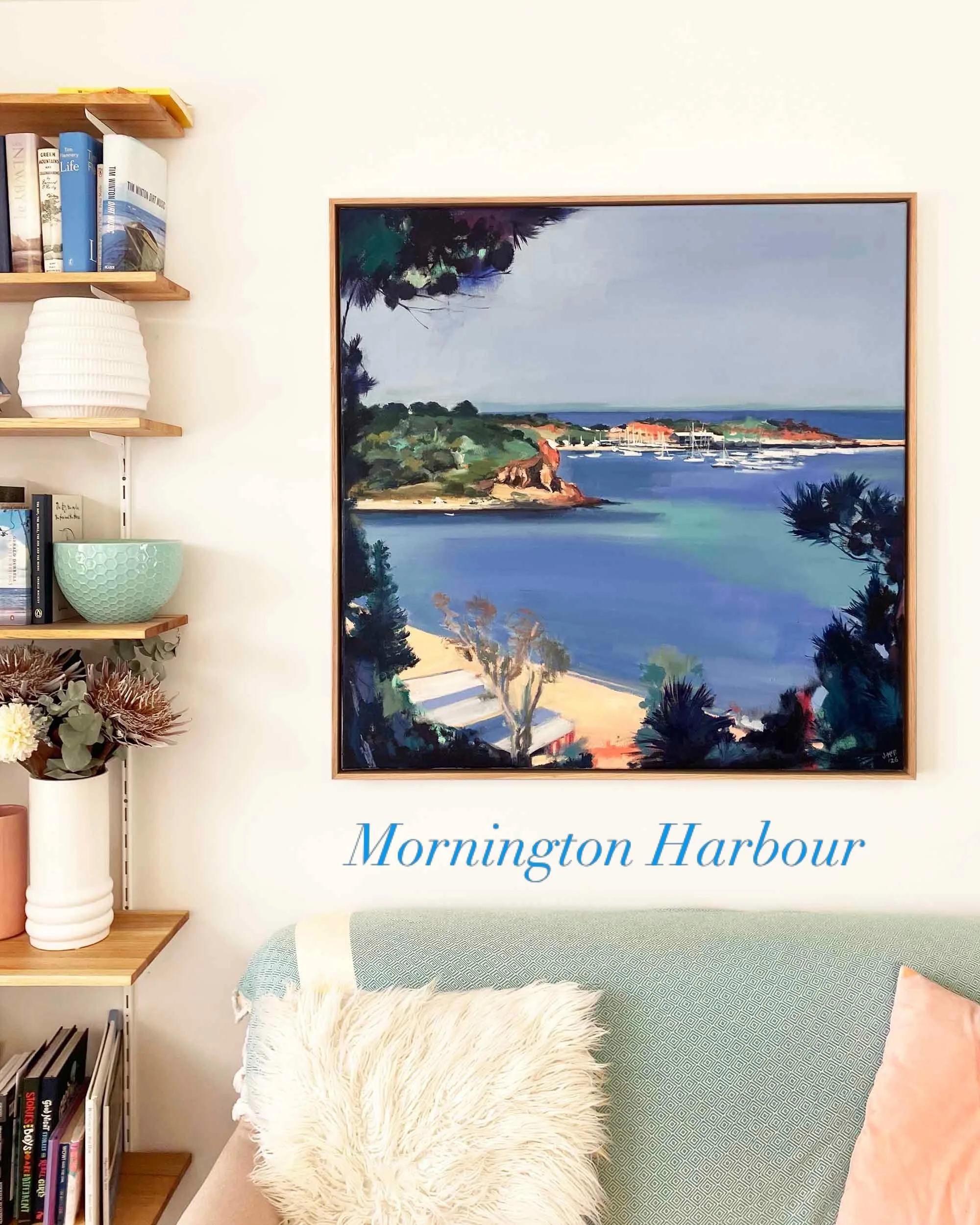 Check out my original Oil on Canvas of &lsquo;Mornington Harbour from Mills Beach&rsquo; @artisans_alley_mornington 102cm x 102cm framed in American Ash #colourmeadow #jillmcfarlaneart #morningtonharbour #artisansalleymornington #millsbeach