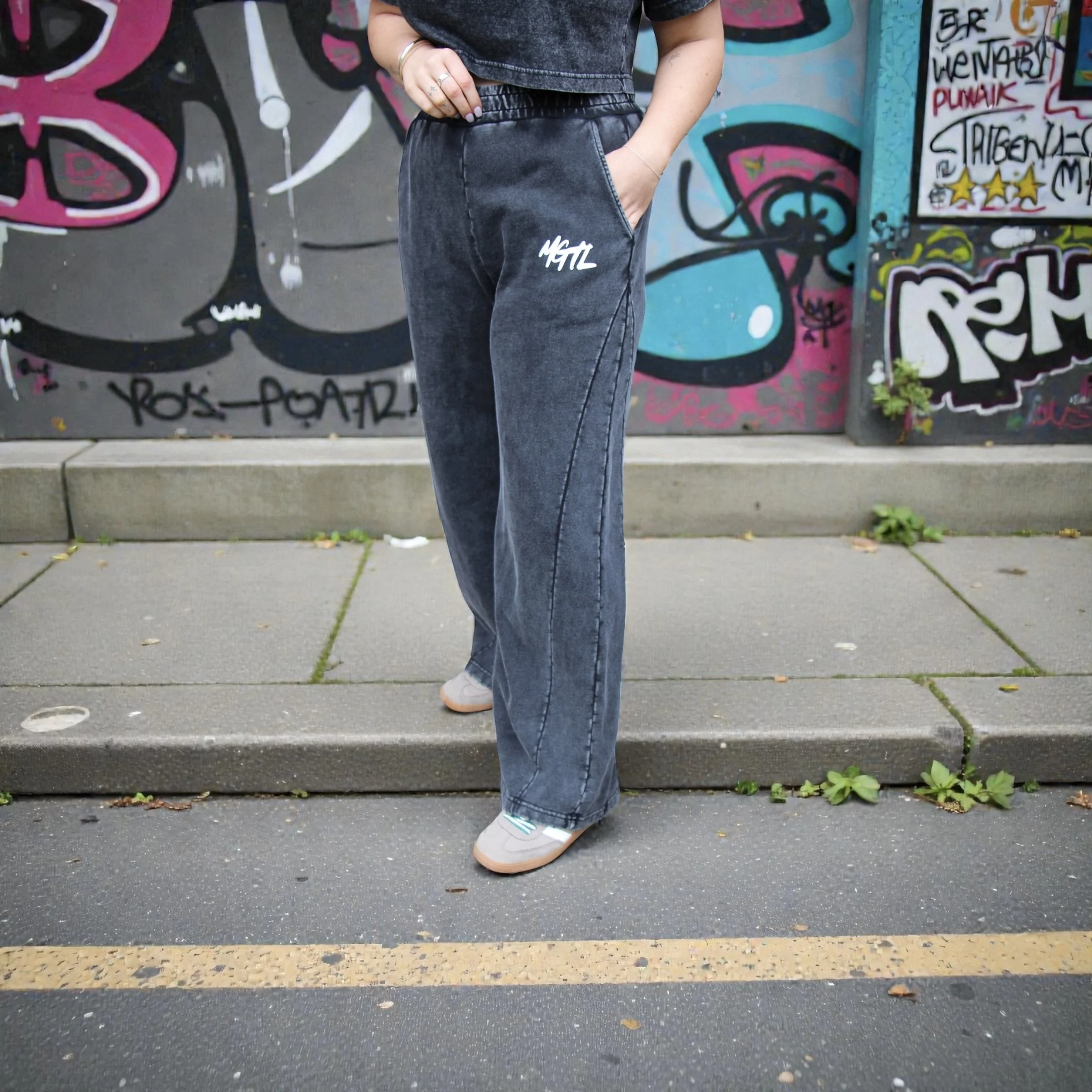 Washed Black Wide-Leg Cotton Tracksuit Pants