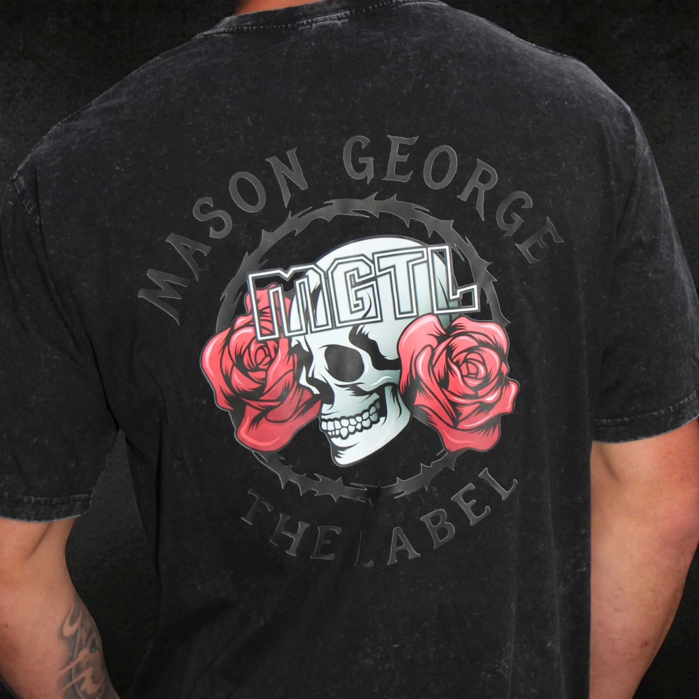 Vintage Rose Skull Tee - Washed Black