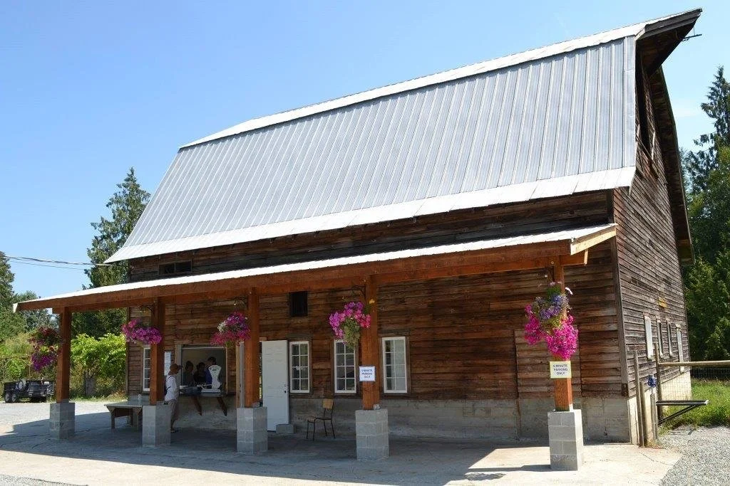 A rustic wooden building with hanging flower baskets and a metal roof, people gathered around a window, surrounded by trees.