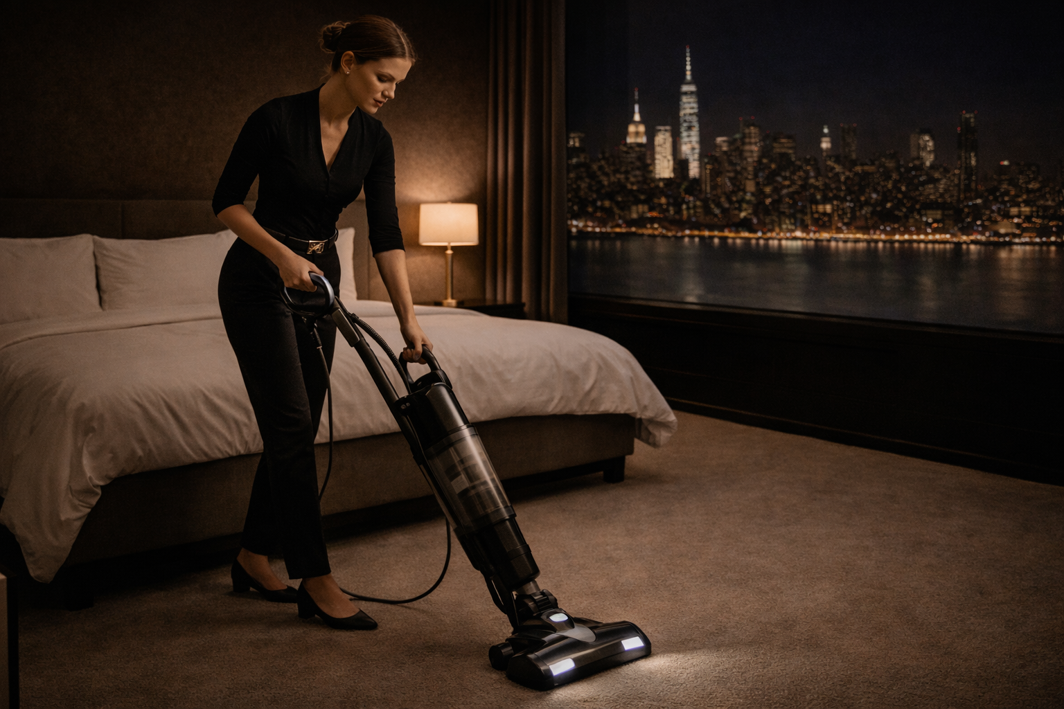 alhara lady vacuuming highrise apartment