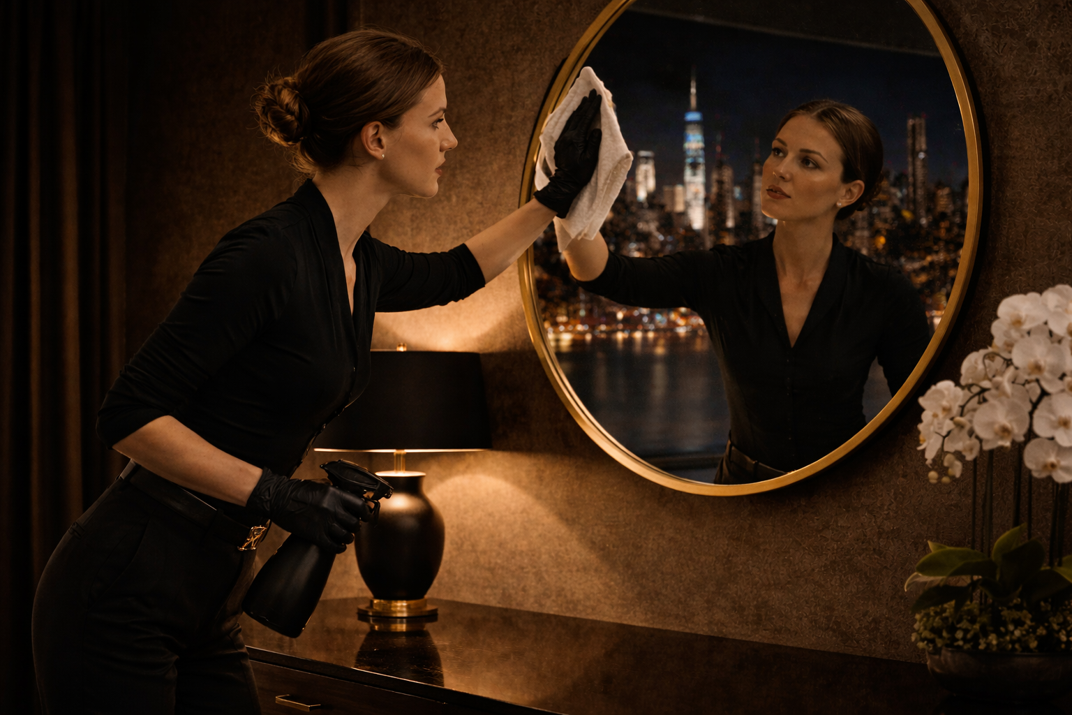 Alhara Lady wiping mirror