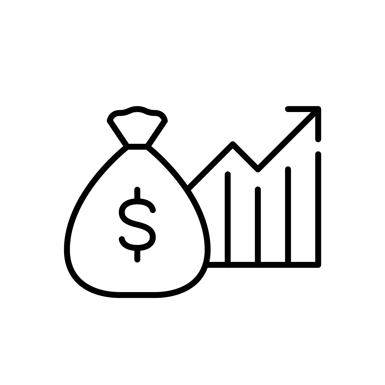 Money bag with dollar sign next to an upward trending bar graph.