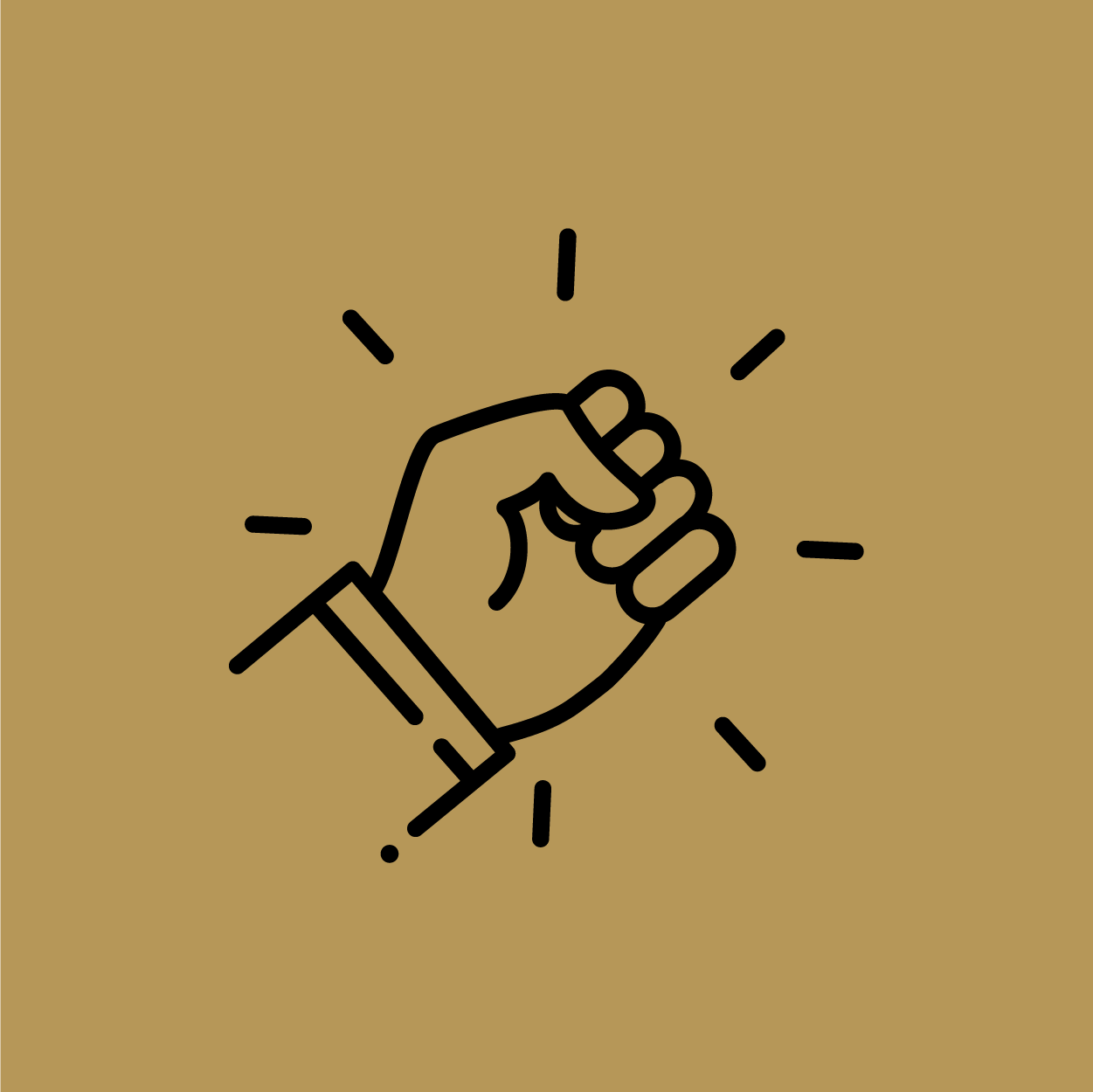 Line drawing of a hand in a fist bump gesture with radiating lines around it on a gold background.