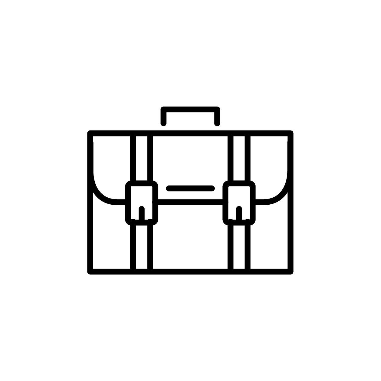 Line art icon of a briefcase with buckles and handle.