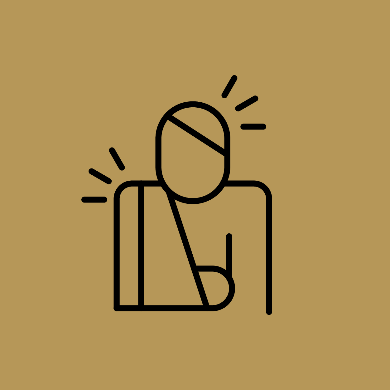 Line drawing of a person with shoulder pain, indicated by shoulder and head lines radiating out.