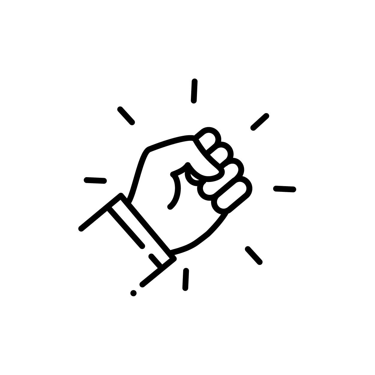 Line drawing of a clenched fist with lines radiating outward, indicating strength or power.