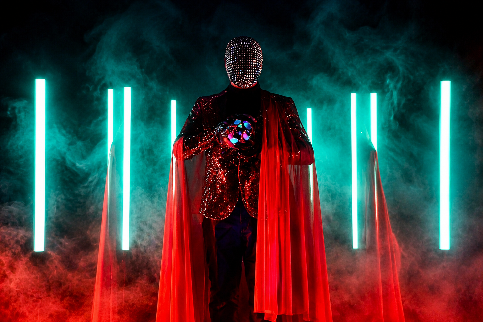Person wearing a mask covered in LED lights, a black turtleneck, a red sequined jacket, and a red cape, holding a glowing orb in a smoky, neon-lit environment.